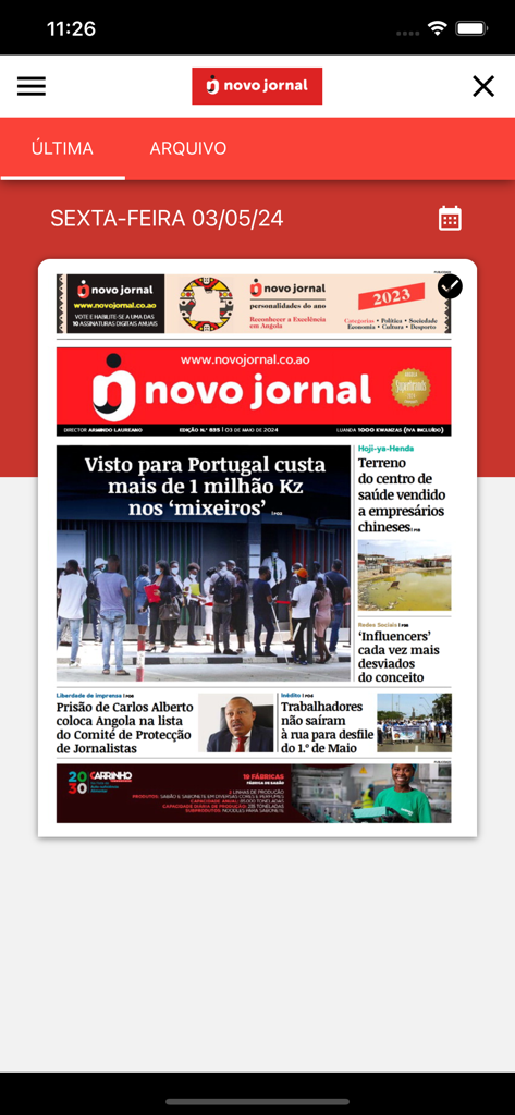 Portada del periódico Novo Jornal mostrada en la interfaz de la aplicación móvil QUIOSQUE NOVA VAGA.
