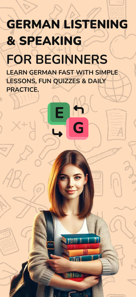German Listening & Speaking - Aplicación de escuchar y hablar alemán para principiantes que muestra a un estudiante con libros e iconos de traducción