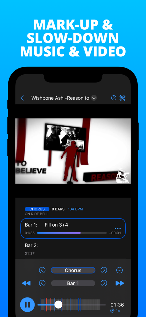 PolyNome: THE Metronome - PolyNome app interface for marking up and slowing down music and video for practice.