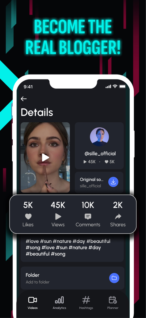 TikMaker app screen displaying video performance metrics including likes, views, comments, and shares for content creators.