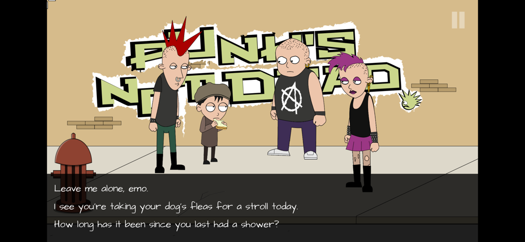 Johnny Bonasera 1 - Johnny Bonasera facing a group of punks with multiple insult dialogue options in a cartoon art style
