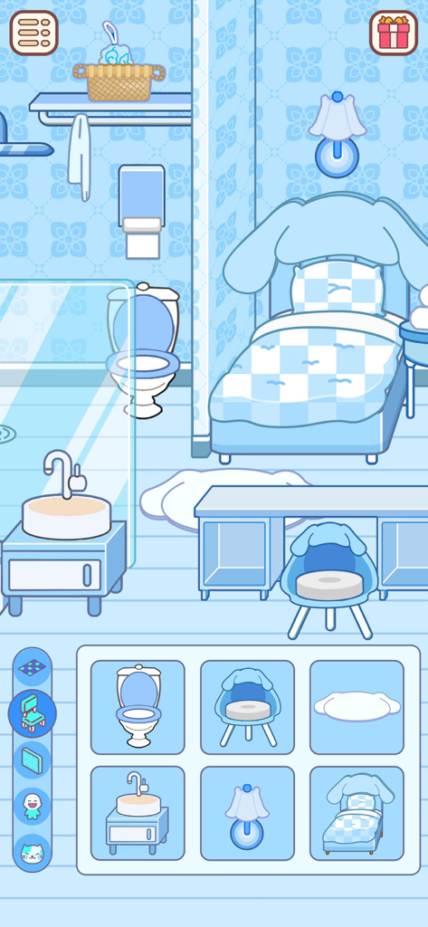 Love Home: Cute Life Sim Games - A pastel blue room decoration interface in the Love Home game featuring a furniture customization menu with a bed, desk, and bathroom fixtures.