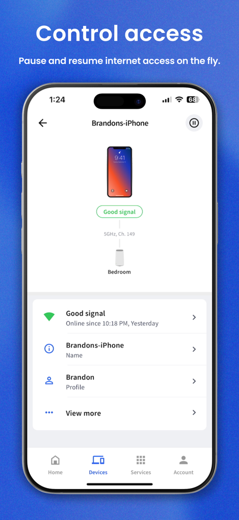 Intellifi by Adtran® - Interface of the Intellifi app allowing users to control internet access for specific devices