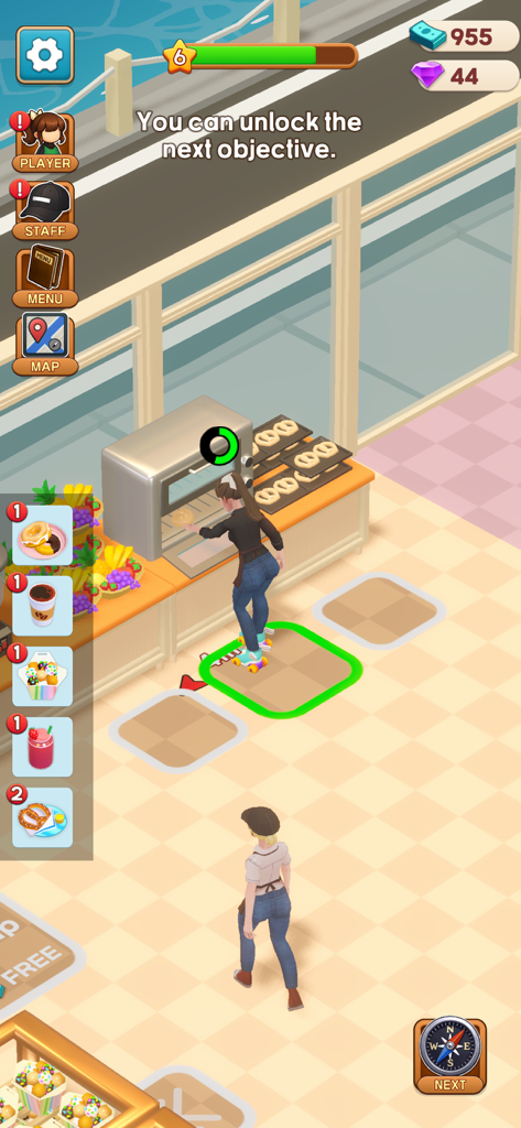 A character manages a cafe kitchen and prepares baked goods in the Cafe Life Coffee Mania mobile game.