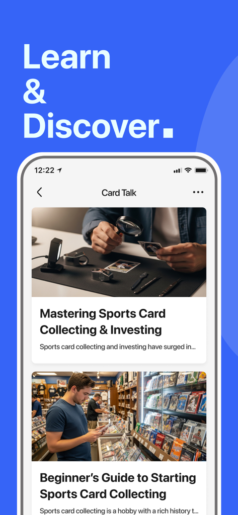 A tela Aprender e Descobrir do aplicativo StarSnap apresentando artigos sobre coleta e investimento em cards esportivos