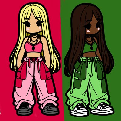 girl in baggy pants crop top and long hair