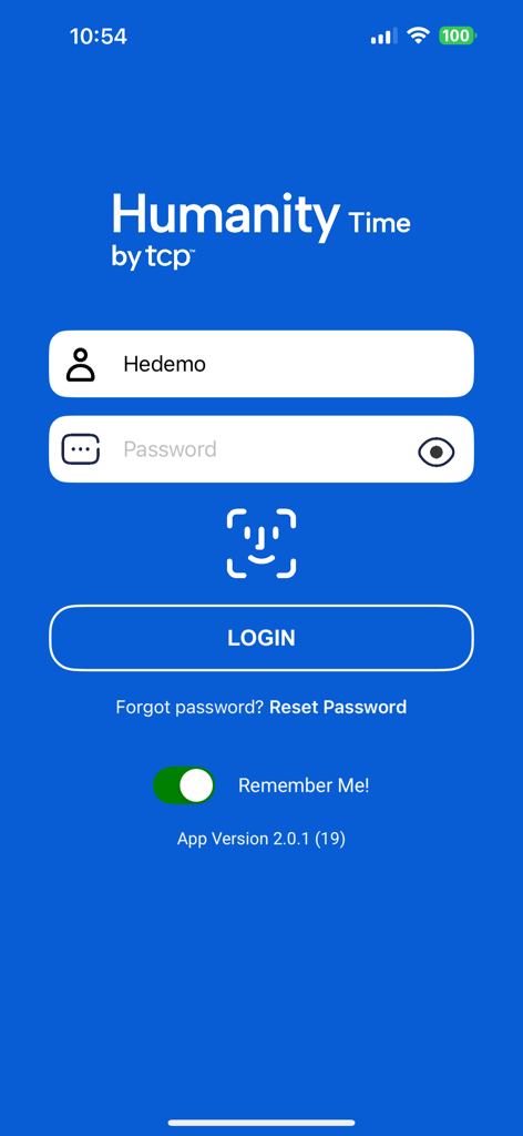 Interfaz de inicio de sesión de la aplicación móvil Humanity Time by TCP con campos de nombre de usuario y contraseña