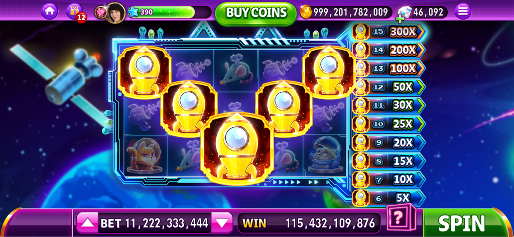 Hit it Rich! Casino Slots Game - Gameplay di Hit it Rich Casino Slots con una macchina a tema spaziale con razzi dorati e un contatore di vincite enorme.