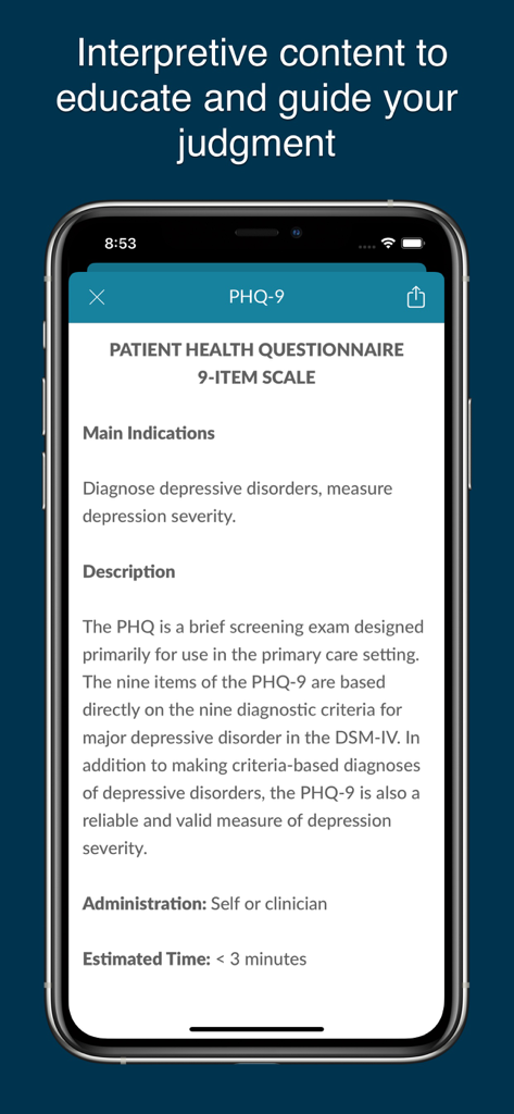 Psych On Demand - Una schermata dello smartphone che mostra i dettagli del PHQ-9 Patient Health Questionnaire e il contenuto interpretativo nell'app Psych On Demand