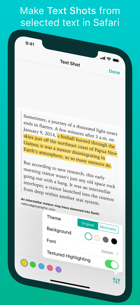 Linky app interface for creating and customizing text shots from Safari articles.