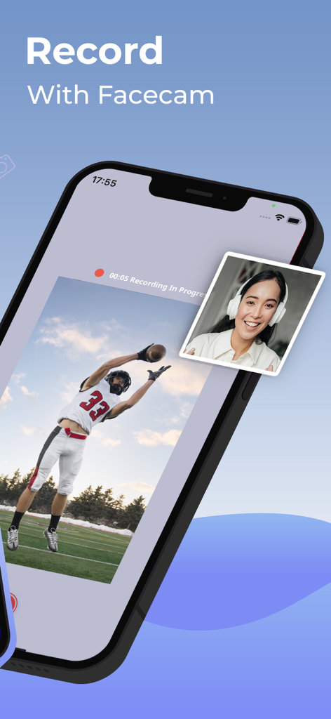 スクリーンレコーダーアプリのスクリーンショット。スポーツ動画の画面録画と、反応する女性のフェイスカムオーバーレイが表示されています。