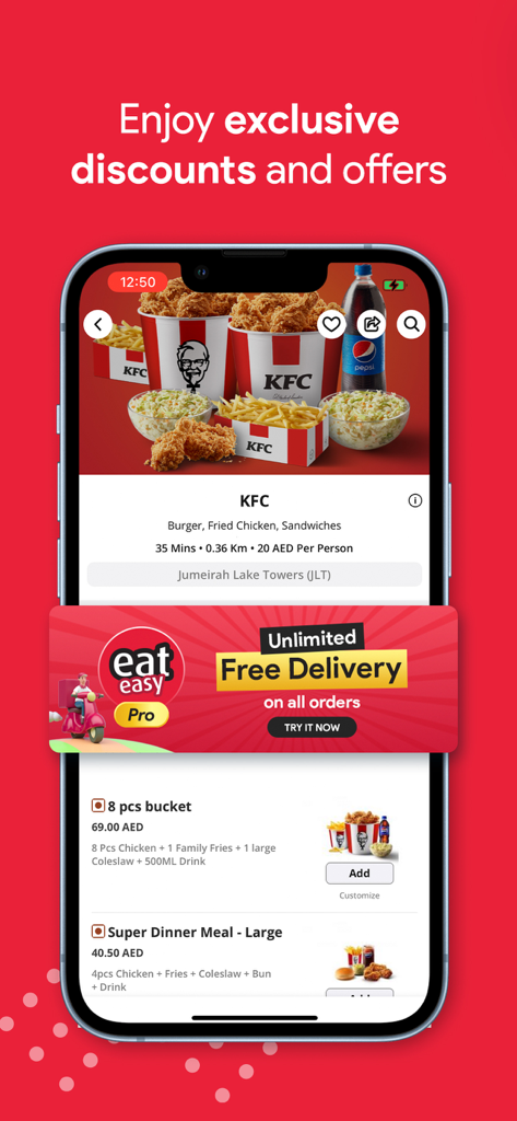 EatEasyモバイルアプリ画面にKFCメニューと無料配達プロモーションが表示されている