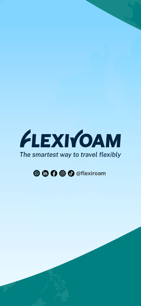 水色の背景にソーシャルメディアアイコン、FlexiRoamのロゴとキャッチコピー