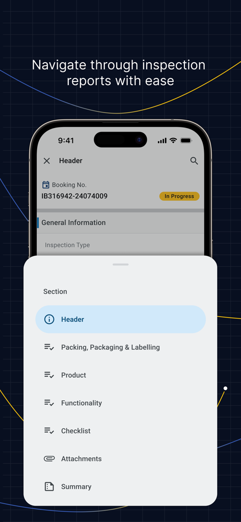 TBY Inspection Pro - Interfaz de la aplicación móvil TBY Inspection Pro que muestra un menú de sección para navegar por los informes de inspección, incluidas las secciones de producto y funcionalidad.