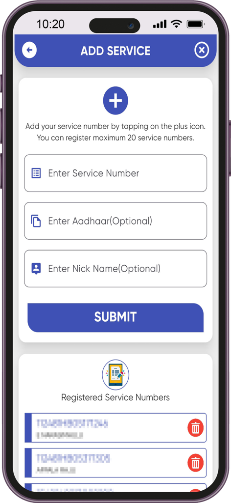 Eastern Power - The add service screen of the Eastern Power app featuring fields to enter service numbers and a list of registered accounts