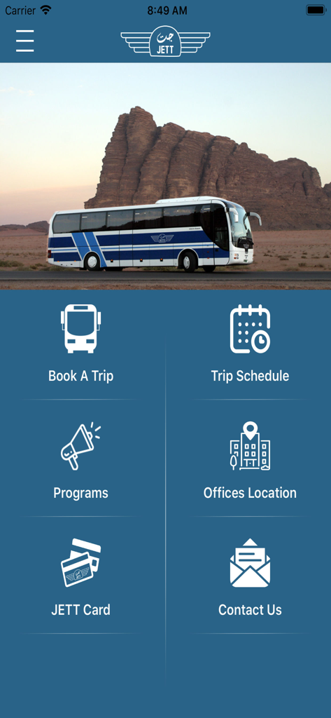 JETT جت - JETT app home screen showing bus booking and travel schedule options