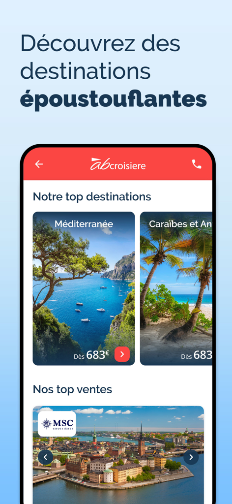 Abcroisiere - Pantalla de inicio de la aplicación móvil Abcroisiere con los principales destinos de cruceros y las principales ventas.