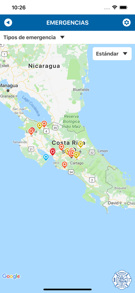 Bomberos CR - Mobile app interface showing a map of Costa Rica with real-time fire and emergency alert markers.