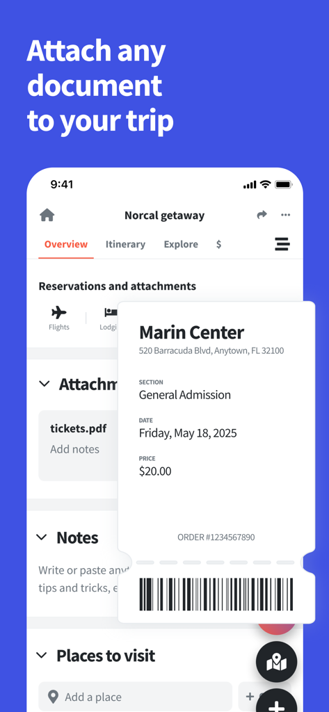 Wanderlog mobile app screen showing a travel itinerary with an attached digital ticket for the Marin Center