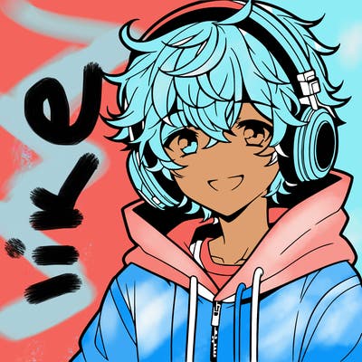 anime boy with headphones wearing a hoodie and curly hair smiling