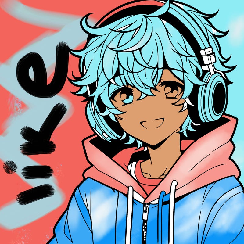 anime boy with headphones wearing a hoodie and curly hair smiling
