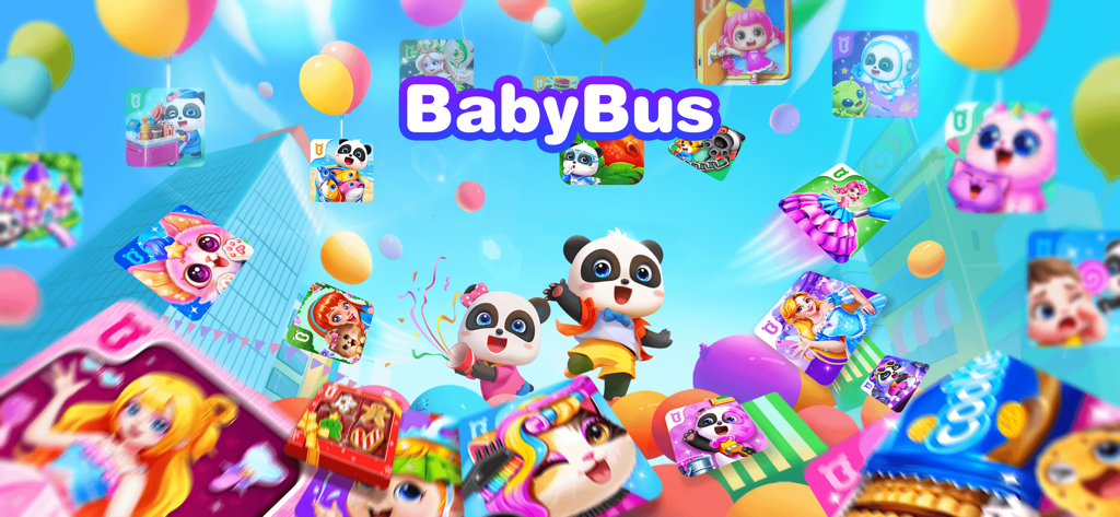 Baby Panda's Play-BabyBus - Colorful banner of Baby Panda's Play-BabyBus featuring Kiki and Miumiu surrounded by various mini game icons