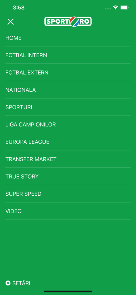 sport.ro - Navigation menu of the sport.ro mobile app showing sports news categories on a green background