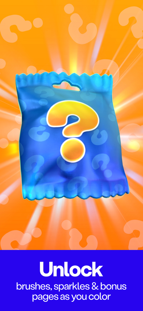 A blue surprise bag with a question mark showing rewards like brushes and sparkles to unlock