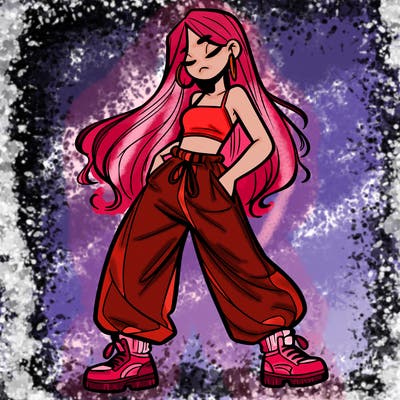 girl in baggy pants crop top and long hair