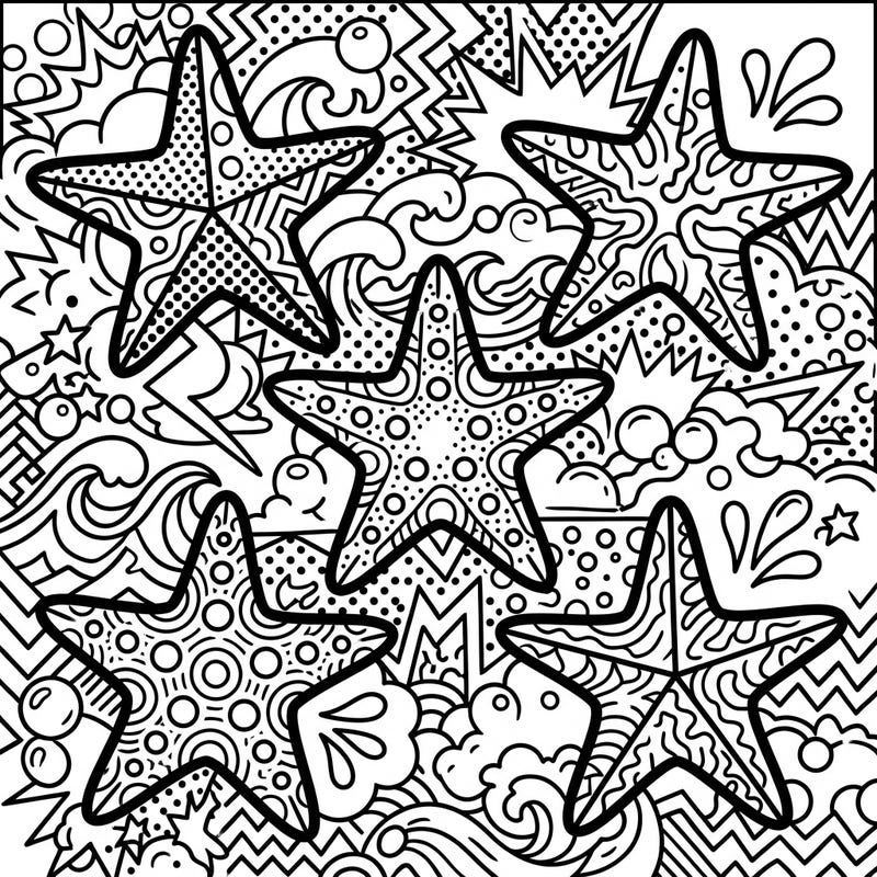 Explore a dynamic underwater scene with this Pop Art Sea Stars coloring page. Its bold lines and energetic patterns offer a fun and creative escape.