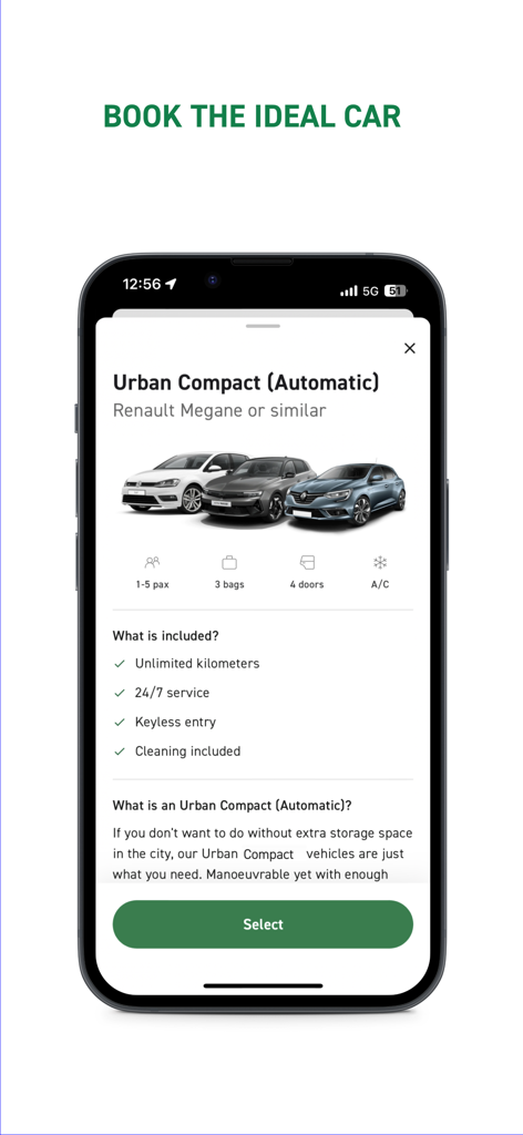 Enterprise GO Rent-A-Car - Écran d'application mobile montrant les détails d'une location de voiture compacte urbaine, y compris les kilomètres illimités et l'entrée sans clé.