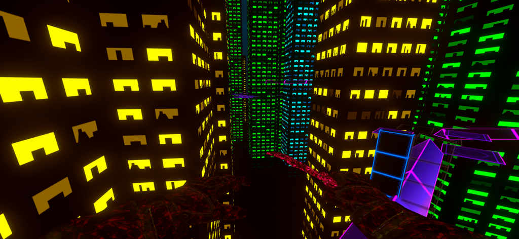 Vista en primera persona de un nivel de parkour cyberpunk de neón en Surf GO