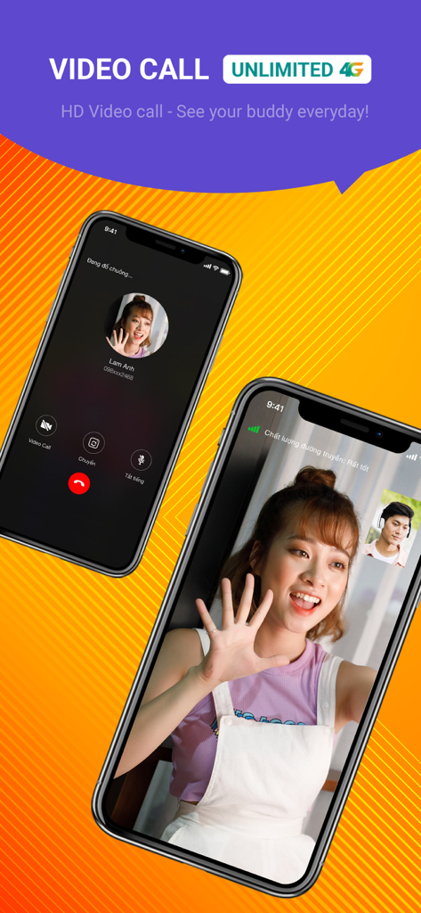 Interfaz de la aplicación Mocha mostrando una función de videollamada de alta definición con datos 4G ilimitados.