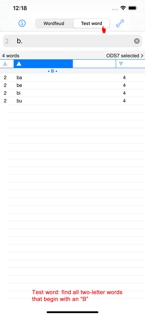 French word finder app showing search results for two-letter words starting with B