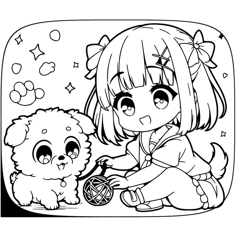 puppy with its cute girl owner petting it and the puppy is playing with a toy and they are animé