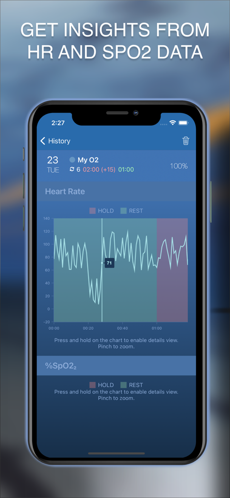 STAmina Apnea Trainer - STAmina Apnea Trainer app history screen showing heart rate and SpO2 oxygen saturation data charts.