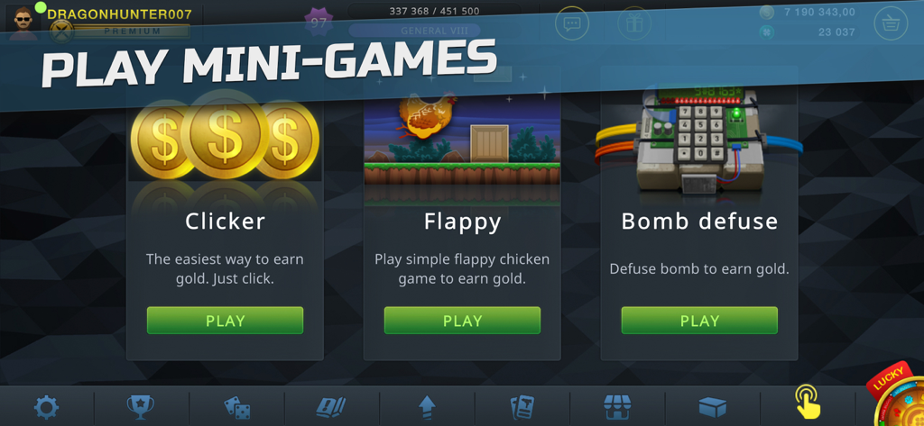 Eine Auswahl an Minispielen in Case Chase Clicker, darunter Clicker, Flappy und Bombenentschärfung, um virtuelle Goldmünzen zu verdienen