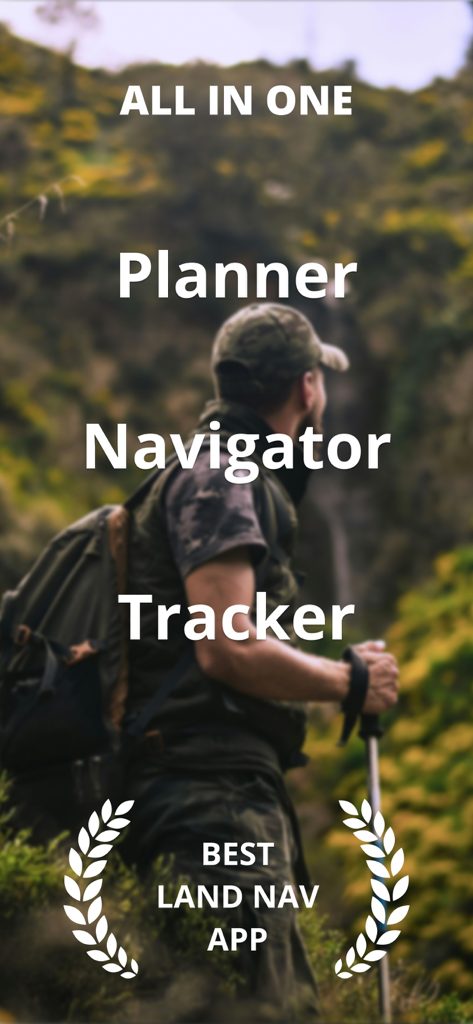 Route Planner - GPS MGRS UTM - A hiker in tactical gear in the wilderness with text describing the app as an all-in-one planner navigator and tracker