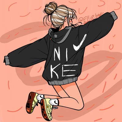 realistic girl jumping with a bun and oversized sweatshirt