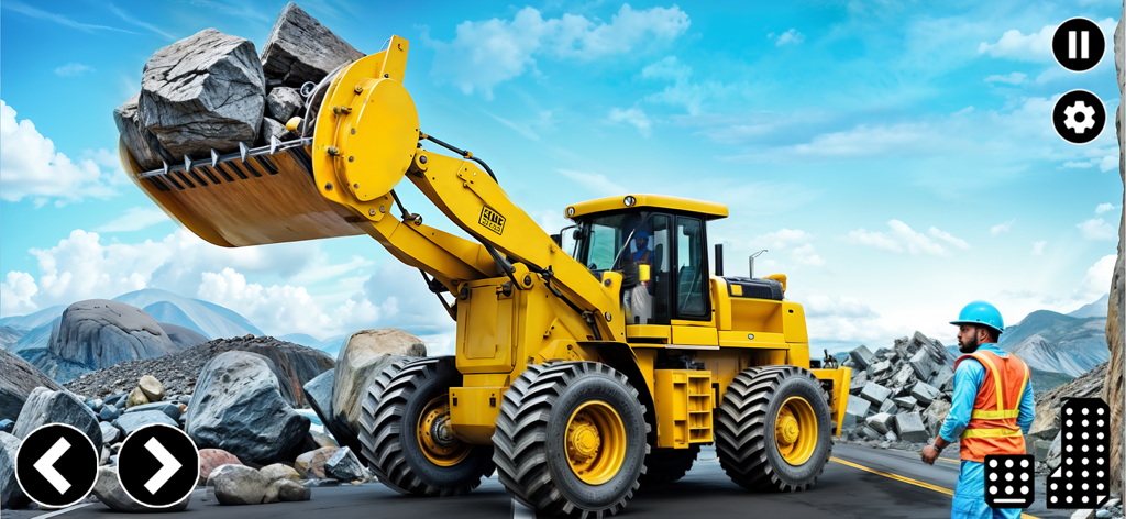 Heavy Machines Transporter Sim - A yellow wheel loader lifting large rocks on a mountain construction site