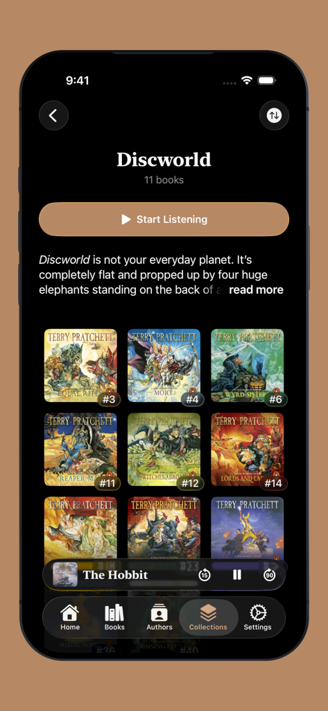 Prologue Audiobook Player - Schermata dell'app Prologue che visualizza una raccolta curata di libri di Discworld di Terry Pratchett con copertine e un pulsante "Inizia ad ascoltare"