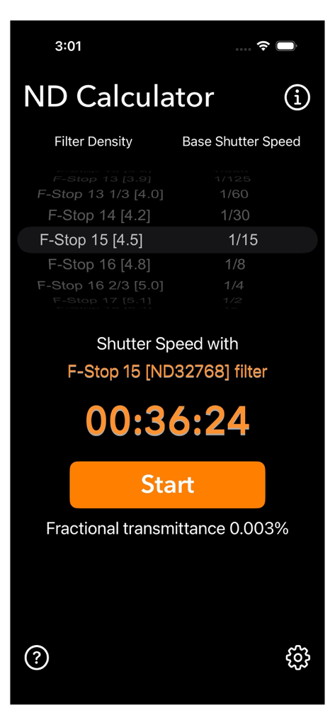 Neutral Density Calculator - Interface da aplicação Calculadora ND apresentando a velocidade de obturador calculada para fotografia de longa exposição