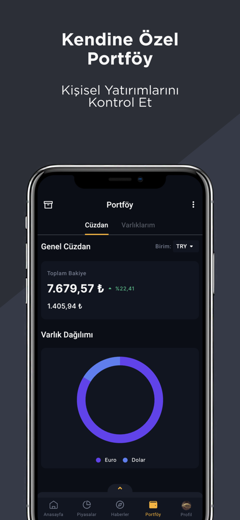 Mobile app screenshot of the Paratic Piyasalar portfolio screen displaying a balance in Turkish Lira and an asset distribution chart.
