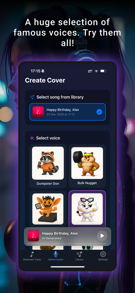 MUSE: Song Generator & AI - MUSE App-Oberfläche, die die Auswahl von KI-Stimmen mit Cartoon-Charakteren zur Erstellung von Song-Covern zeigt