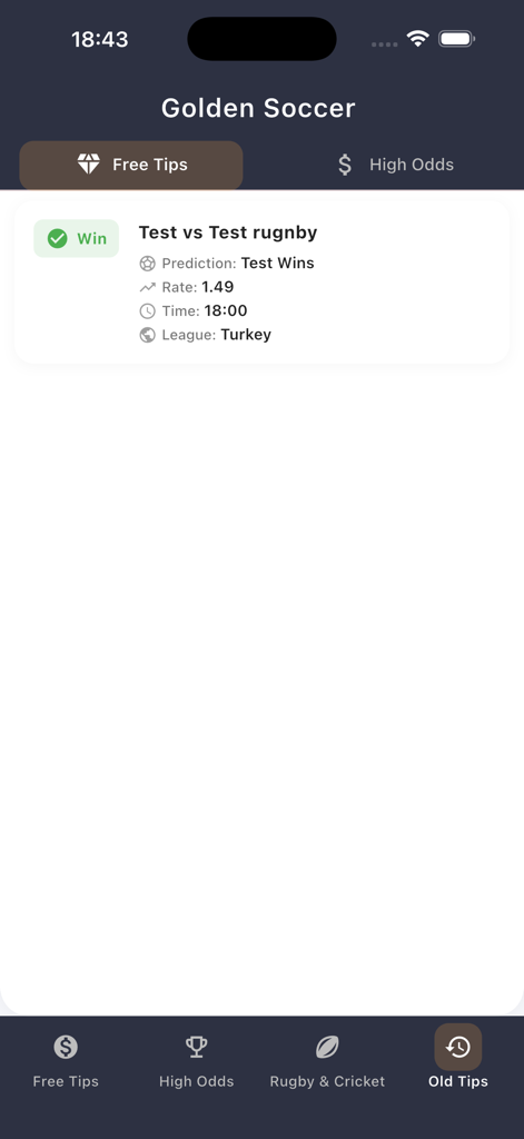 Golden Soccer app interface showing a winning rugby betting prediction in the old tips section