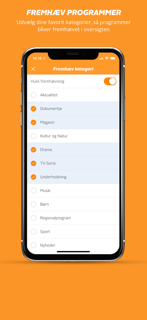 tvtid – Dansk Tv-guide - A smartphone screen displaying the category selection menu in the tvtid app to highlight favorite Danish television programs