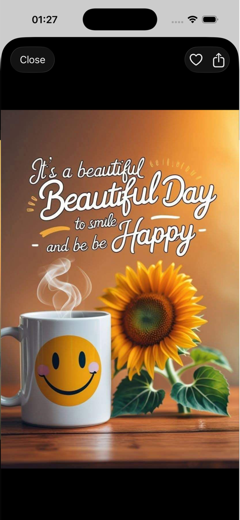 Good Morning GIFs - スマイリーフェイスの湯気の立った白いコーヒーマグと、感動的な朝の引用が付いた明るいひまわり。