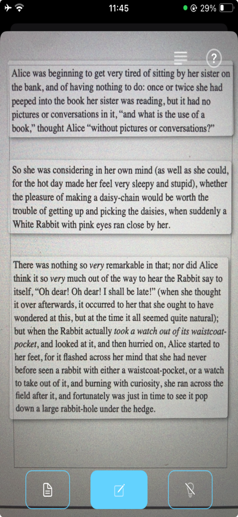 SmoothOCR app interface showing the extraction of English text from a printed page