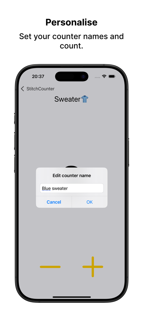 Stitch Counter App - iPhone screen showing how to personalize a project by editing the counter name in the Stitch Counter App.
