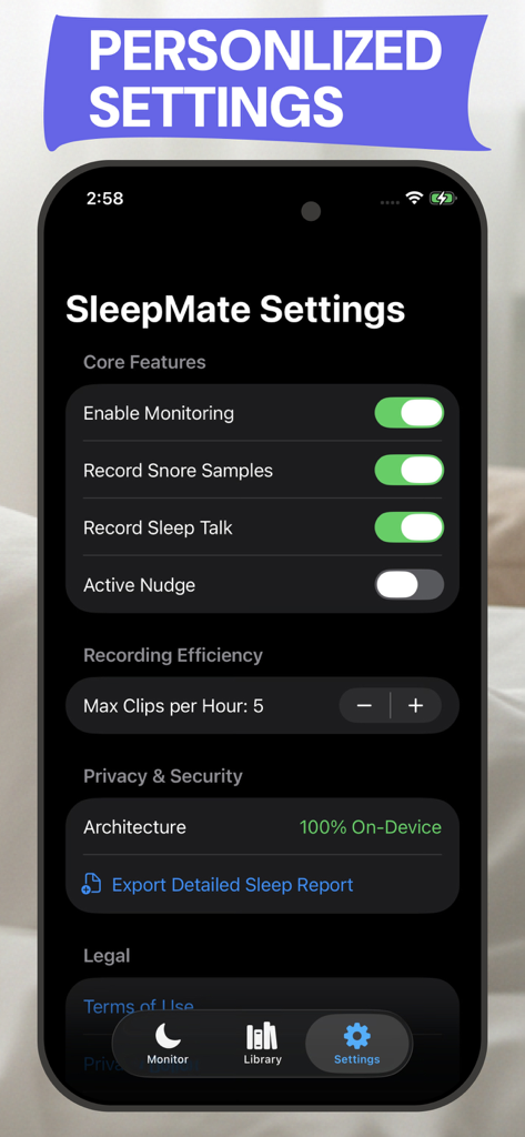 SleepMate: Record Your Snoring - SleepMate app settings interface showing personalized monitoring and privacy options